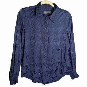 Black Houndstooth Silky Button Up Shirt Womens Small Long Sleeve Mos Mosh Blouse